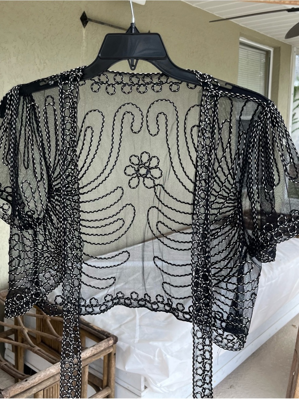 mesh embroidered tie front short sleeve bolero